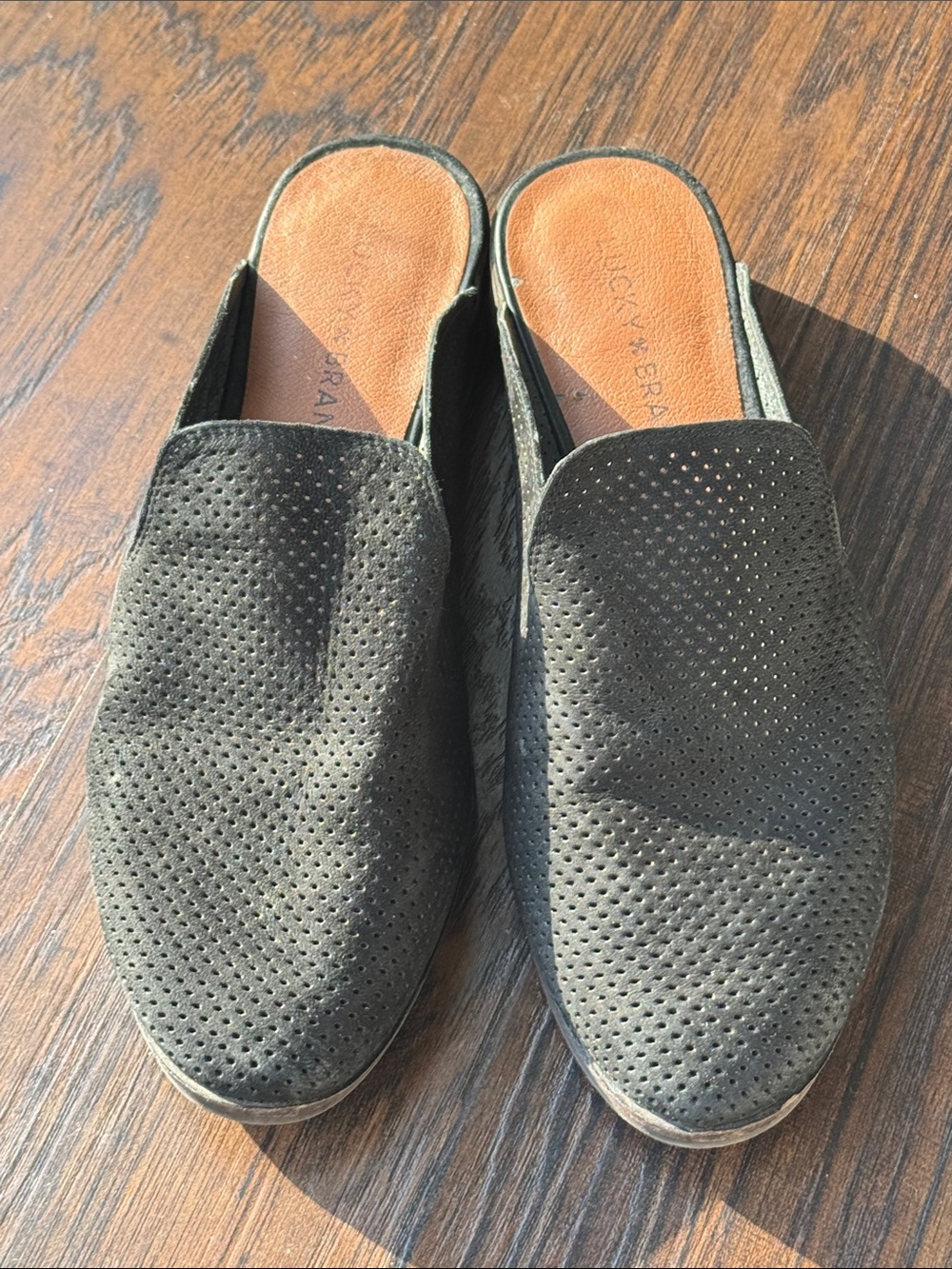 Lucky Brand Black Perforated Slip-On Mules with Tan Insole